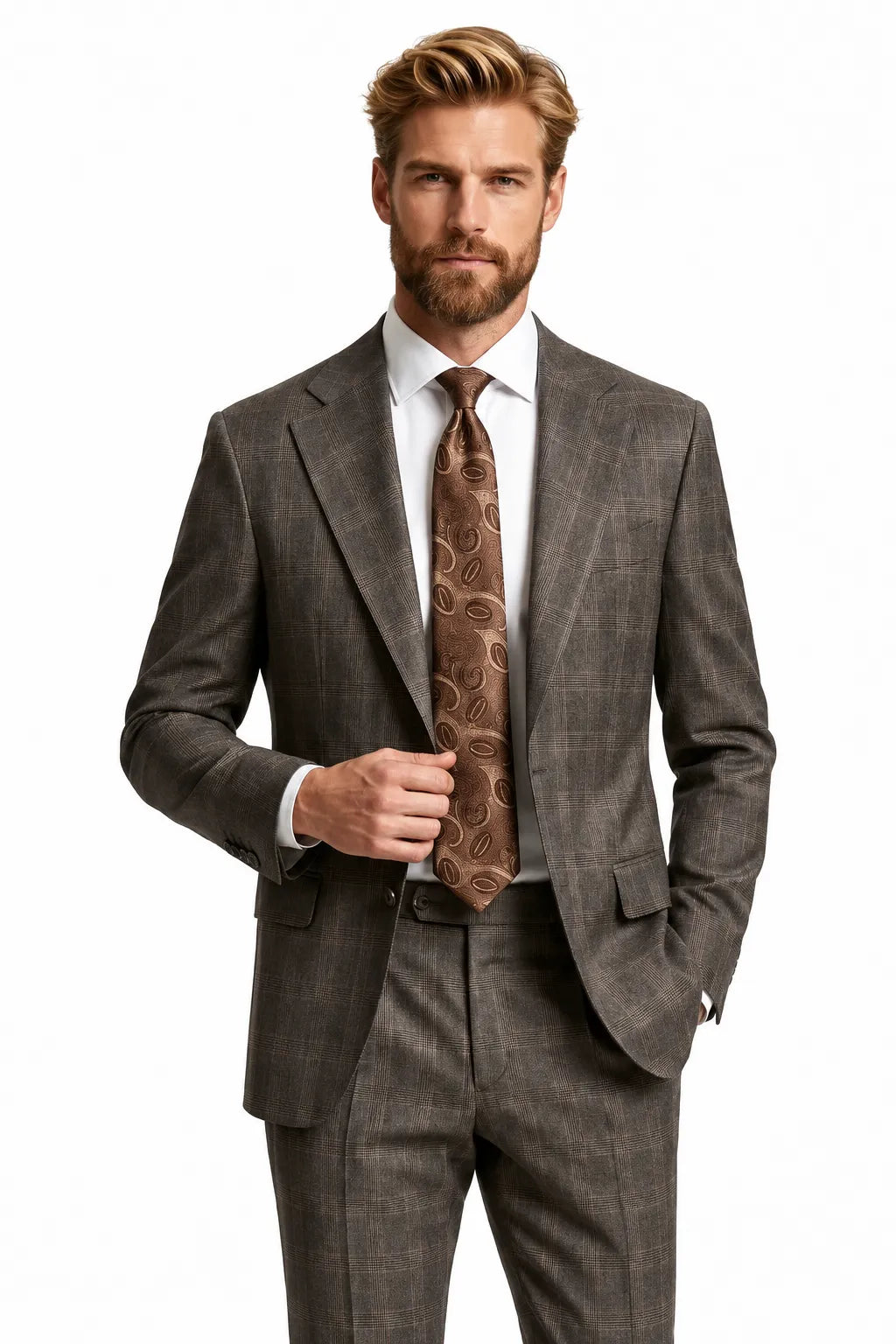 Men's Modern Brown Plaid 2 Piece Suit