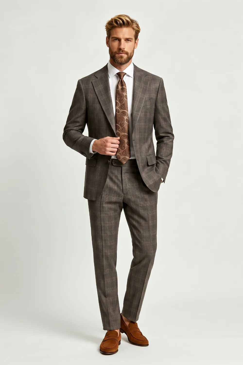 Men's Modern Brown Plaid 2 Piece Suit