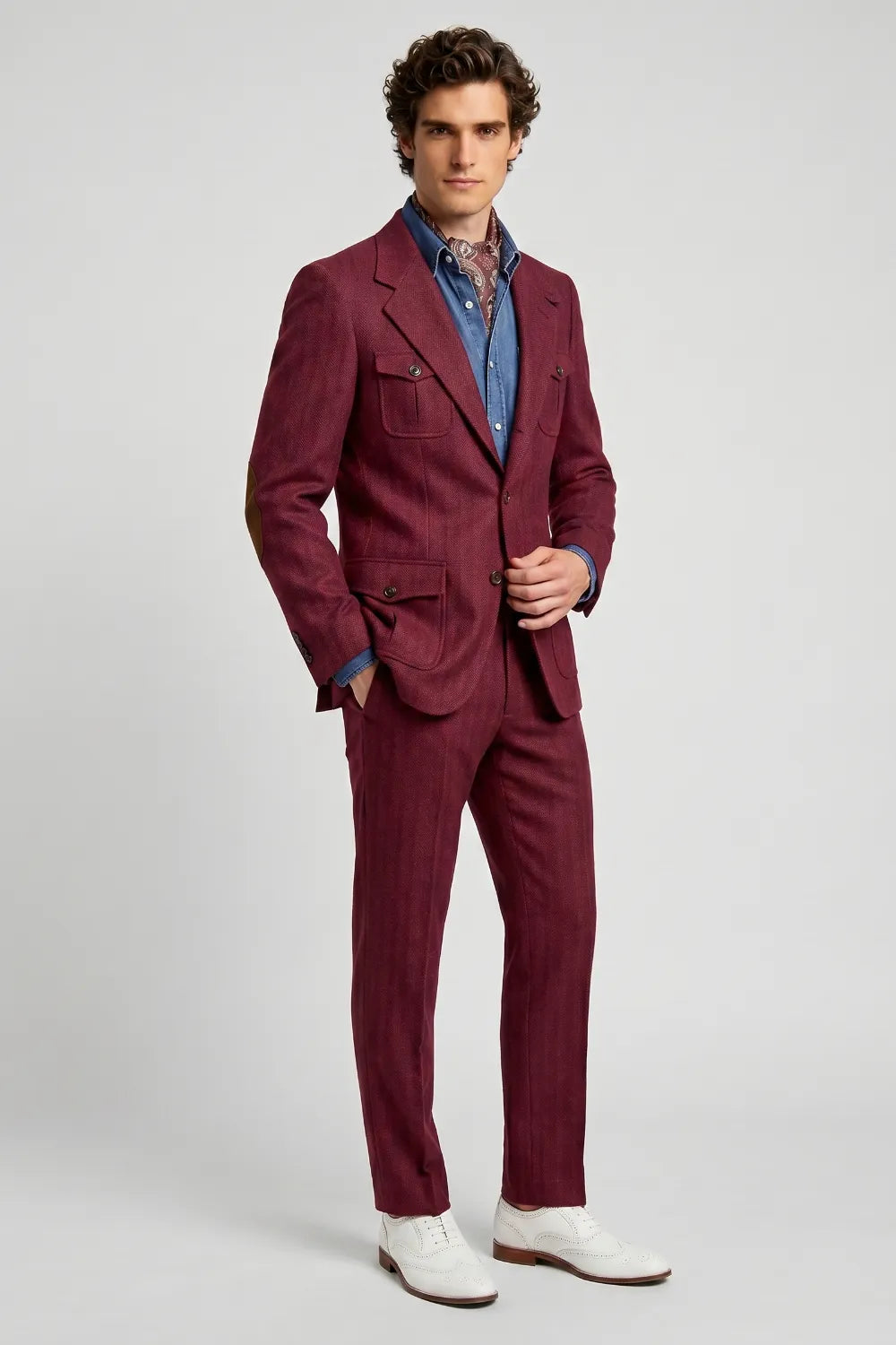 Men's Burgundy Herringbone Tweed 2-Piece Suit