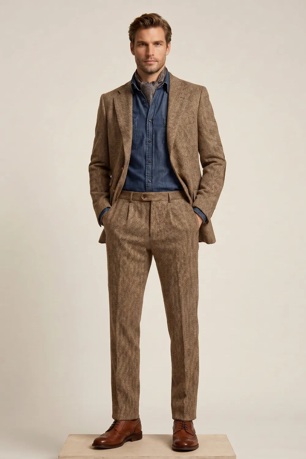 Men's Camel Herringbone Tweed 2-Piece Suit