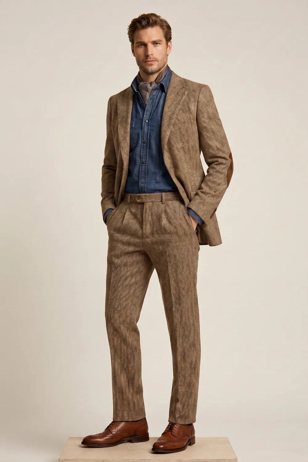 Men's Camel Herringbone Tweed 2-Piece Suit
