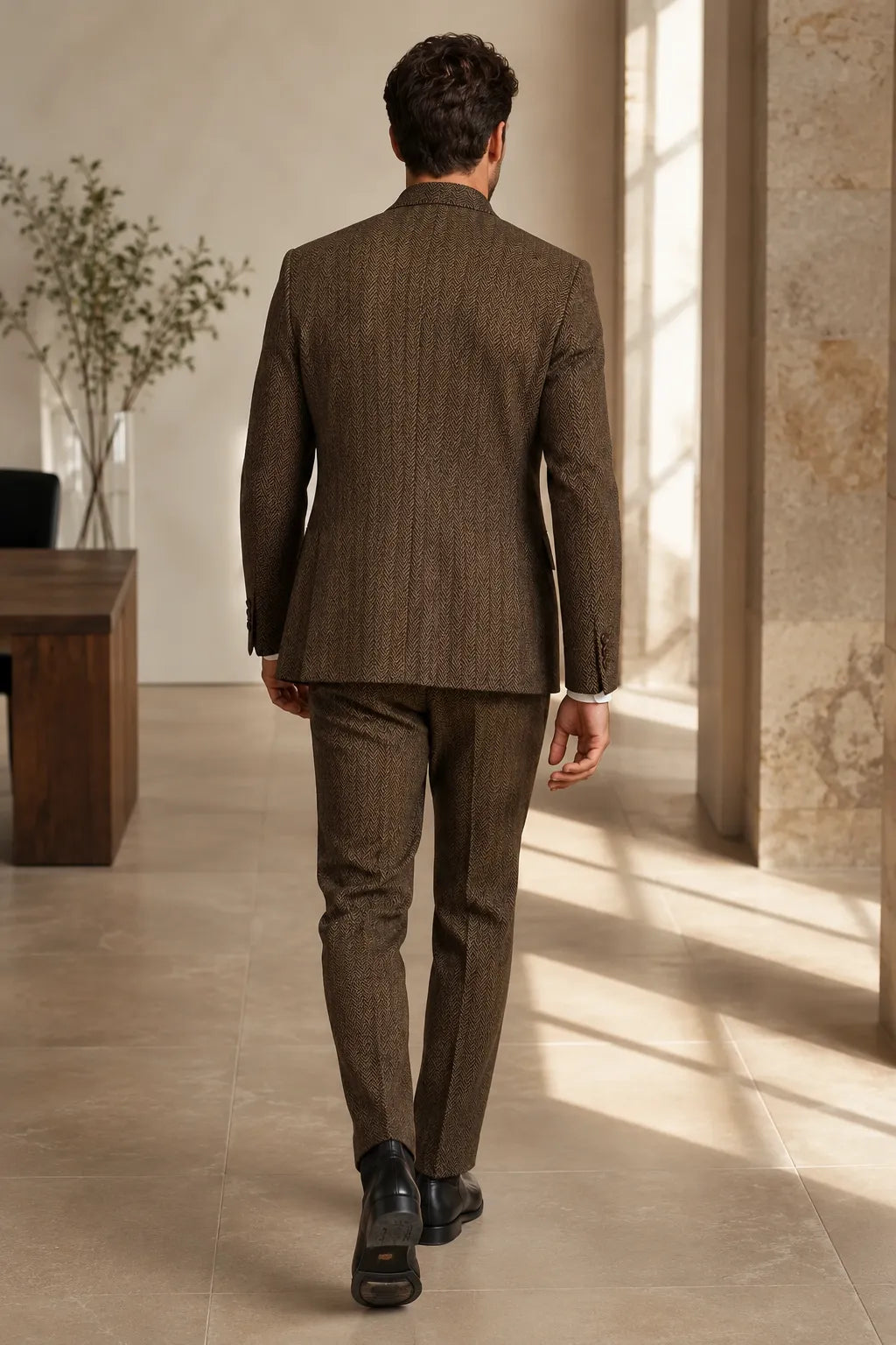 Men's Mandarin Collar Herringbone 2 Piece Suit