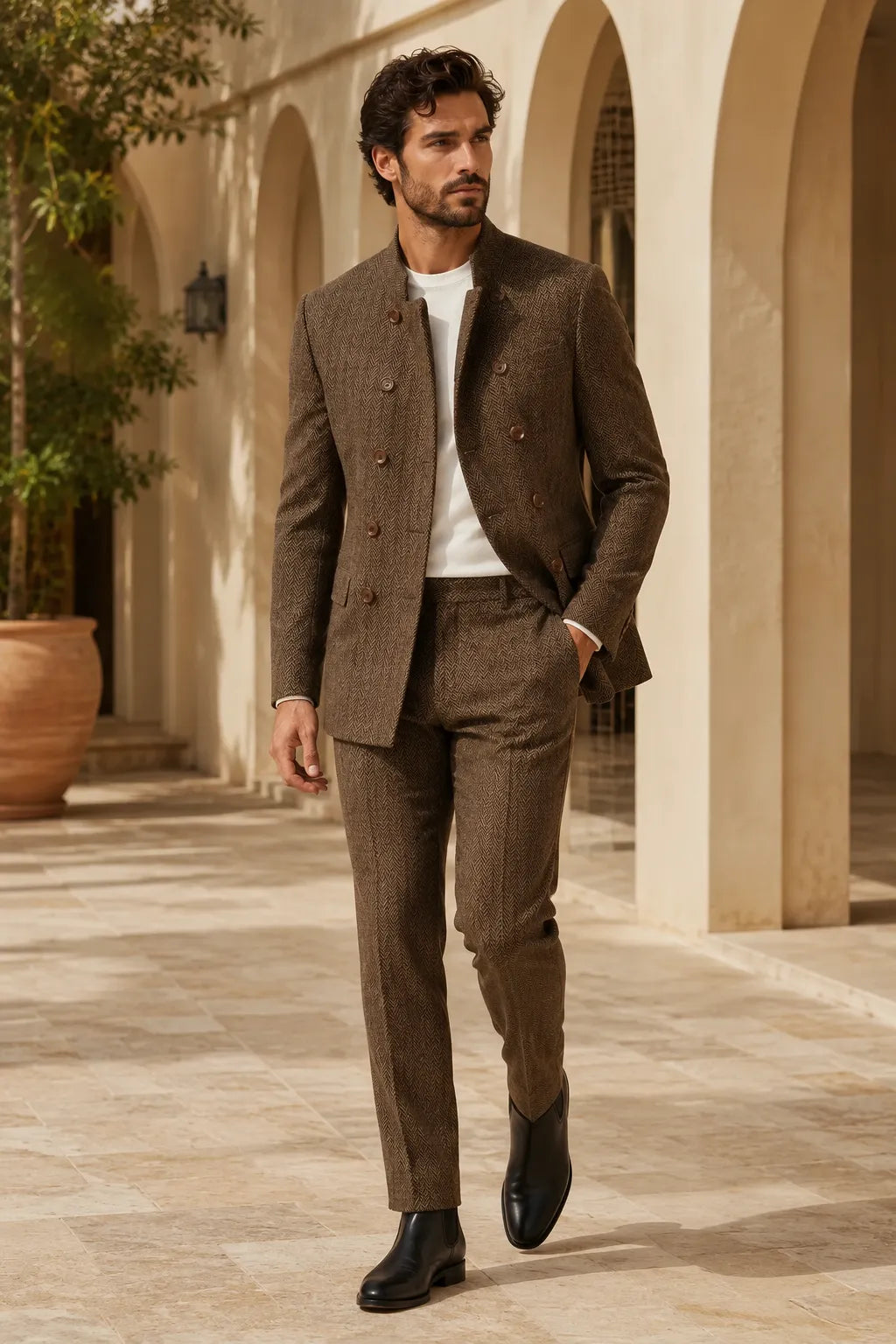 Men's Mandarin Collar Herringbone 2 Piece Suit