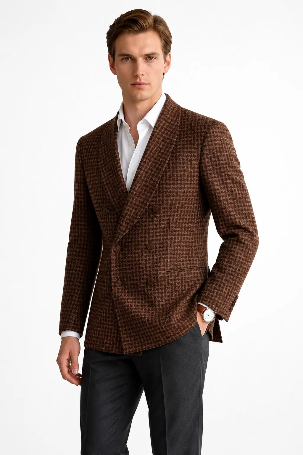Men's Brown Houndstooth Double-Breasted 2 Piece Suit
