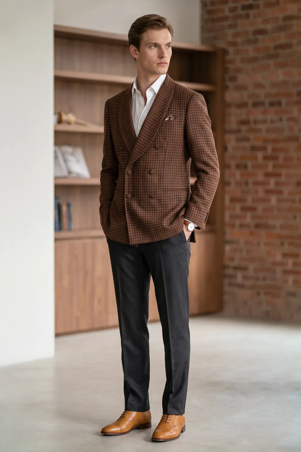 Men's Brown Houndstooth Double-Breasted 2 Piece Suit