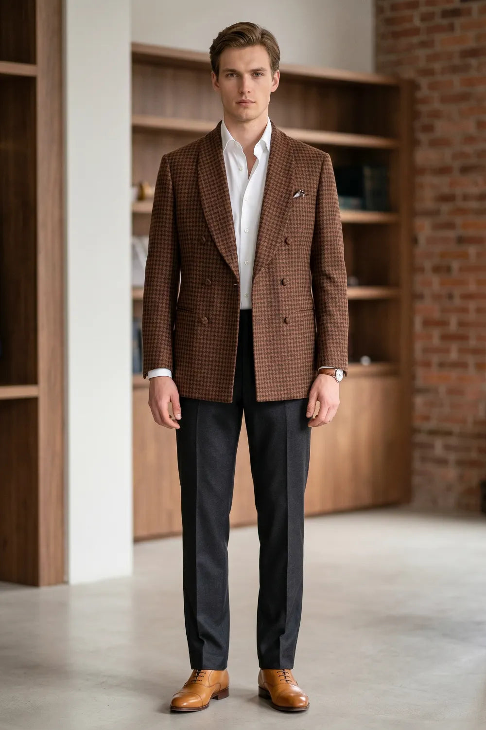 Men's Brown Houndstooth Double-Breasted 2 Piece Suit