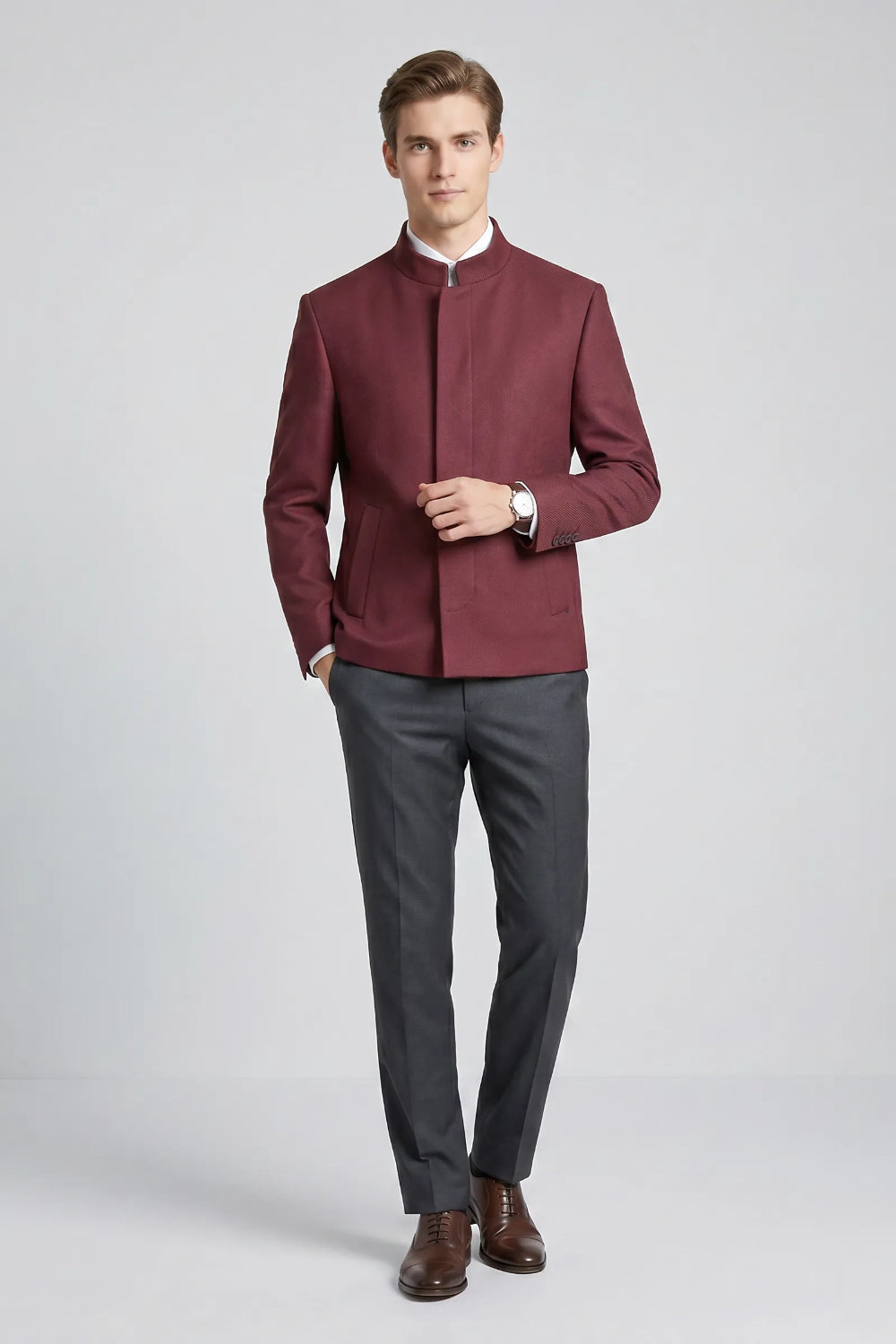 Men's Modern Mandarin Collar 2 Piece Suit