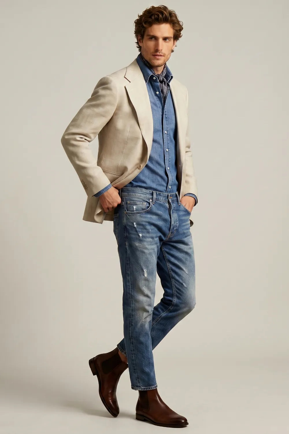Men's Cream Notch Lapel Linen One Button Blazer
