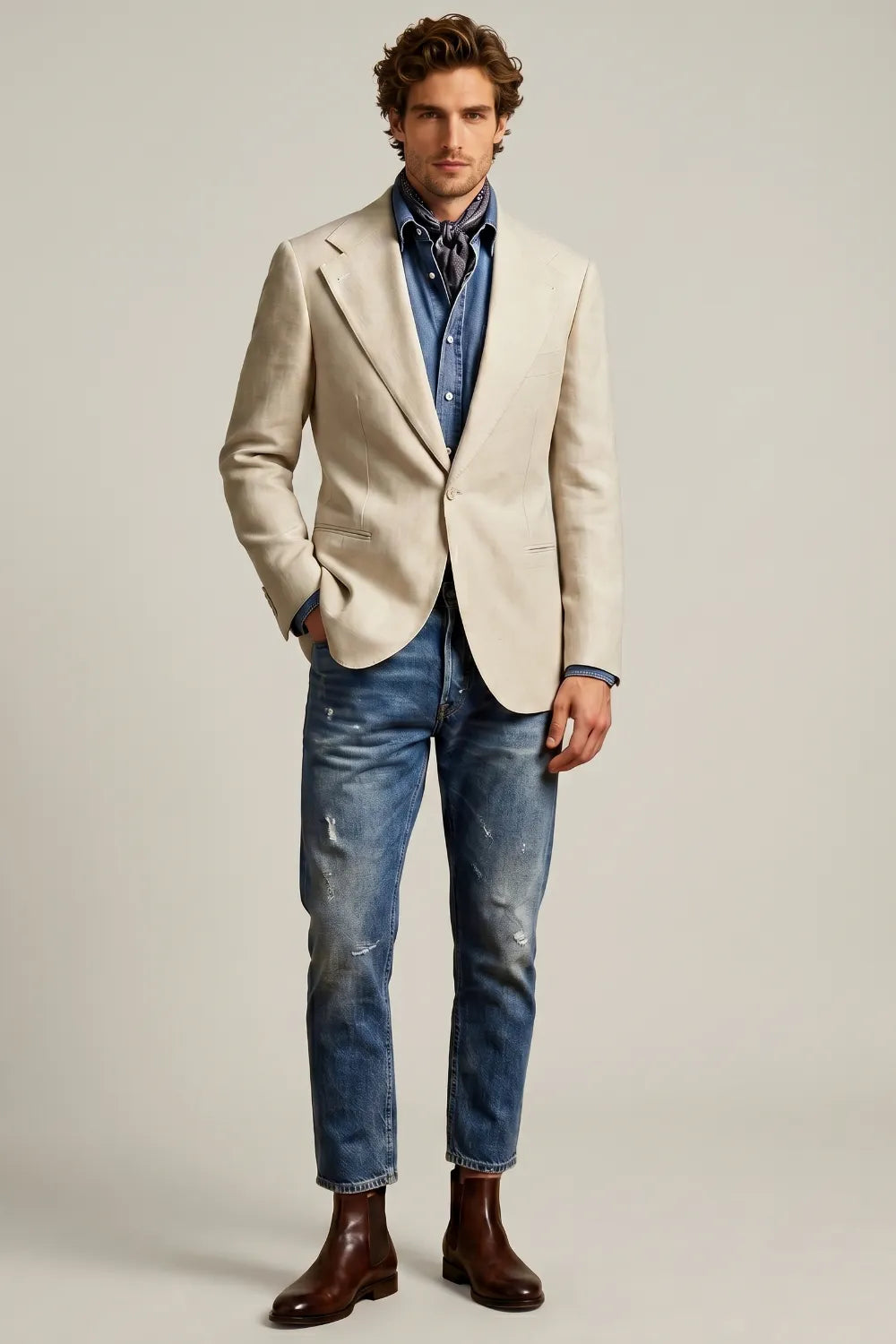 Men's Cream Notch Lapel Linen One Button Blazer