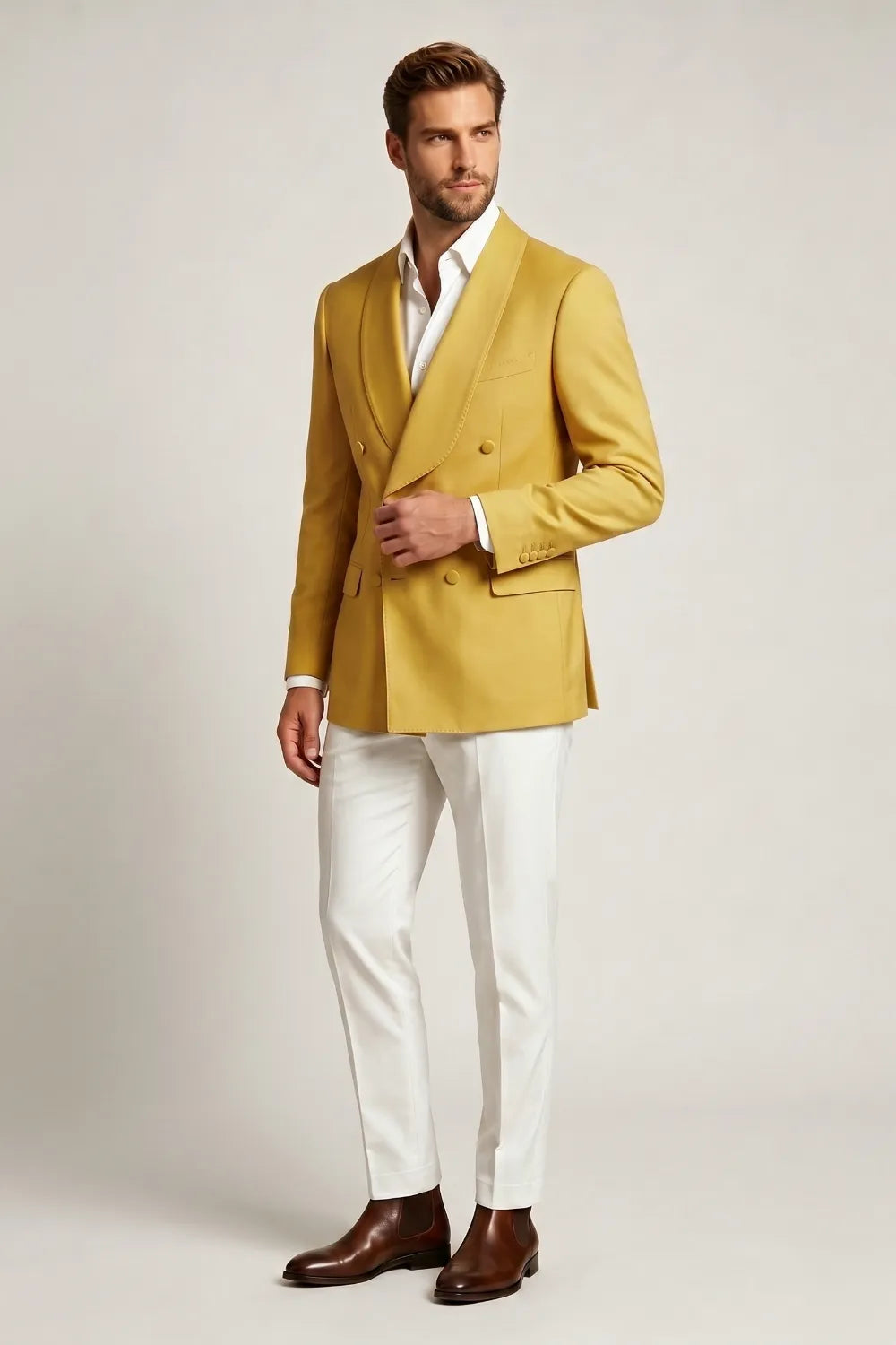 Men's Gold Double Breasted Shawl Lapel 2-Piece Suit