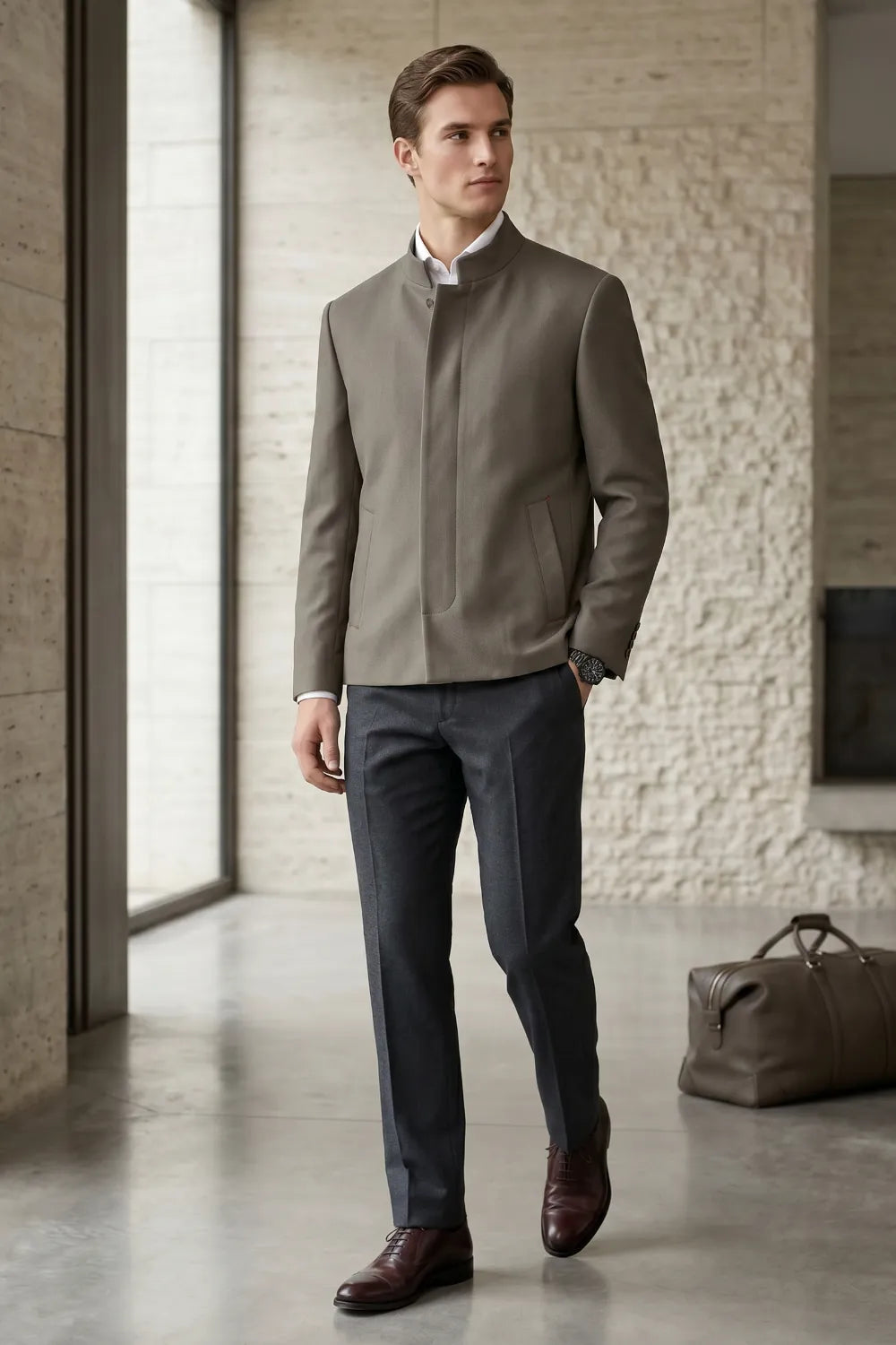 Men's Modern Mandarin Collar 2 Piece Suit