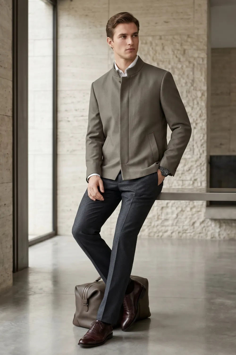 Men's Modern Mandarin Collar 2 Piece Suit
