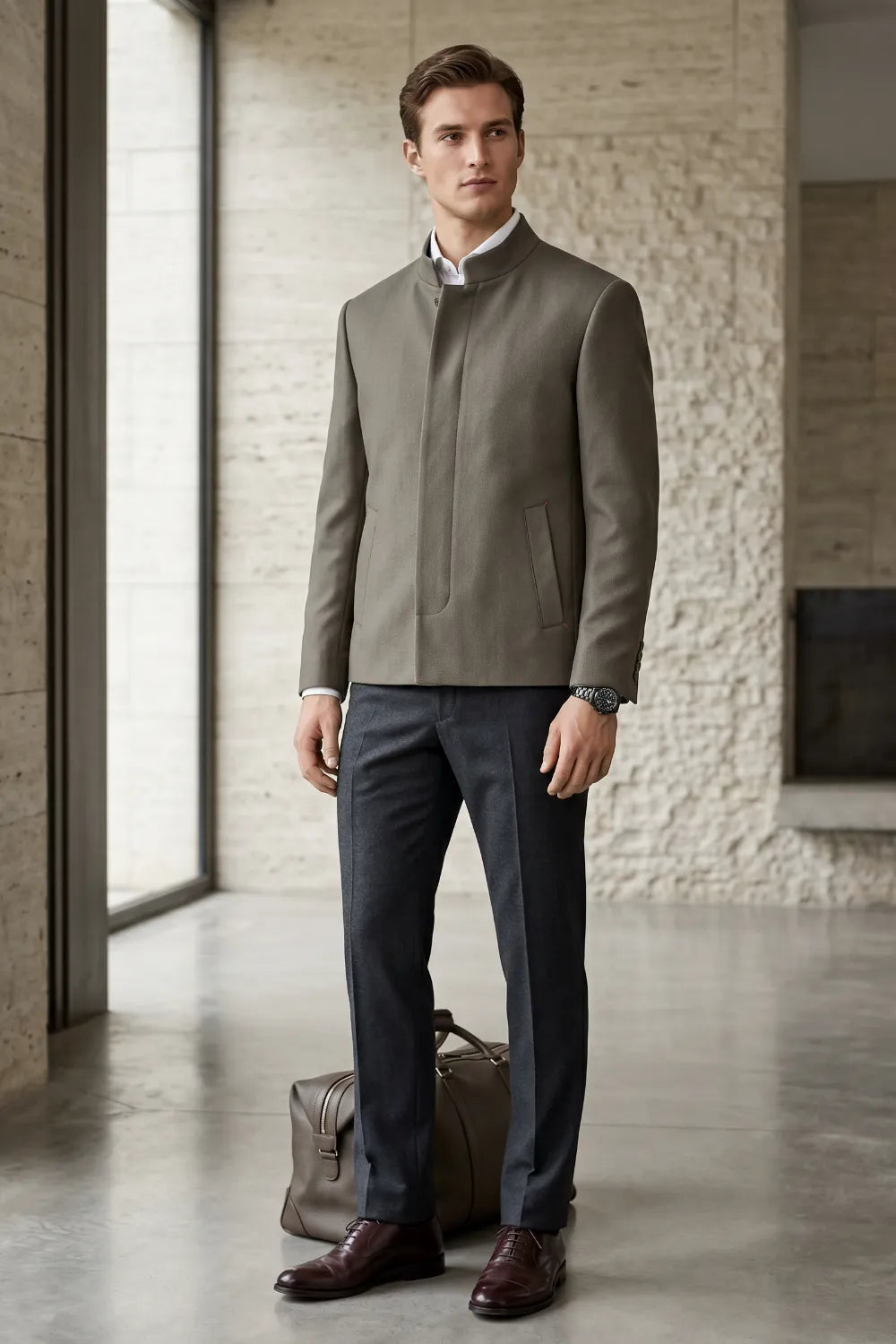 Men's Modern Mandarin Collar 2 Piece Suit
