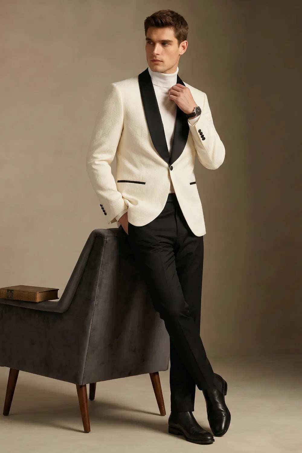 Men's Ivory Jacquard Black Shawl Lapel 2-Piece Tuxedo Suit