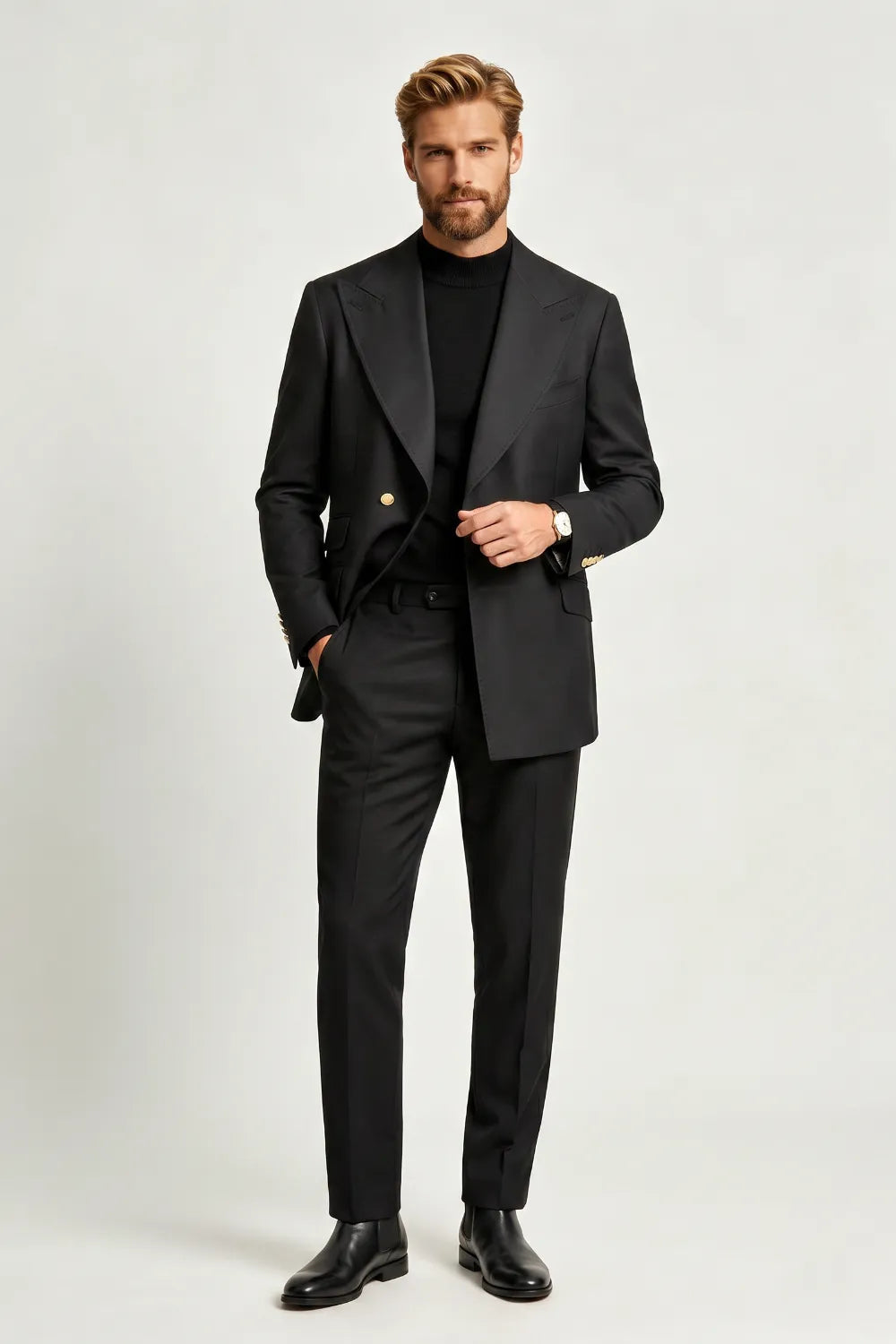 Men's Black Double Breasted 2 Piece Suit