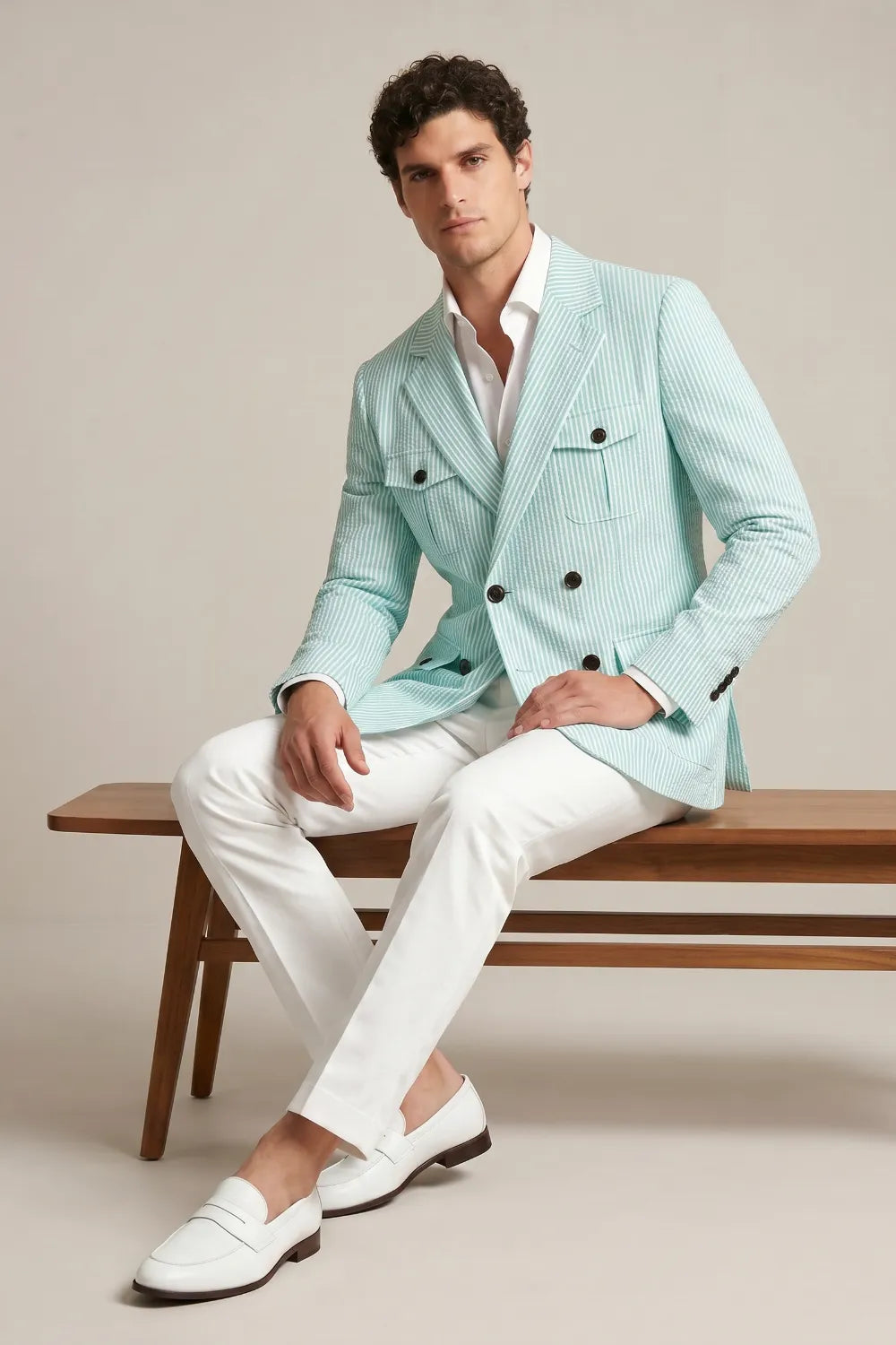mint green dress jacket Men's Mint Green Striped Double Breasted Seersucker Blazer