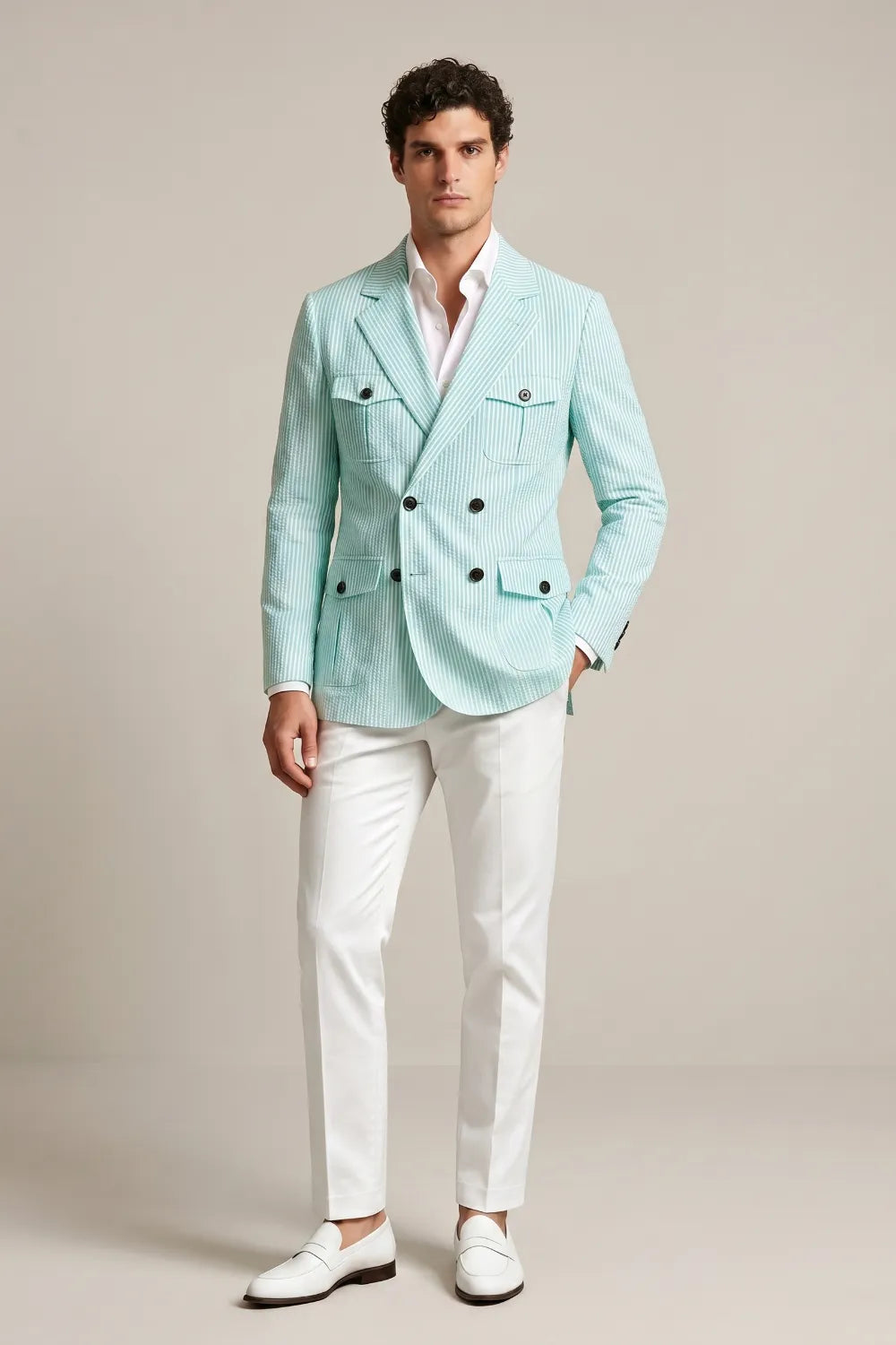 Men's Mint Green Striped Double Breasted Seersucker Blazer