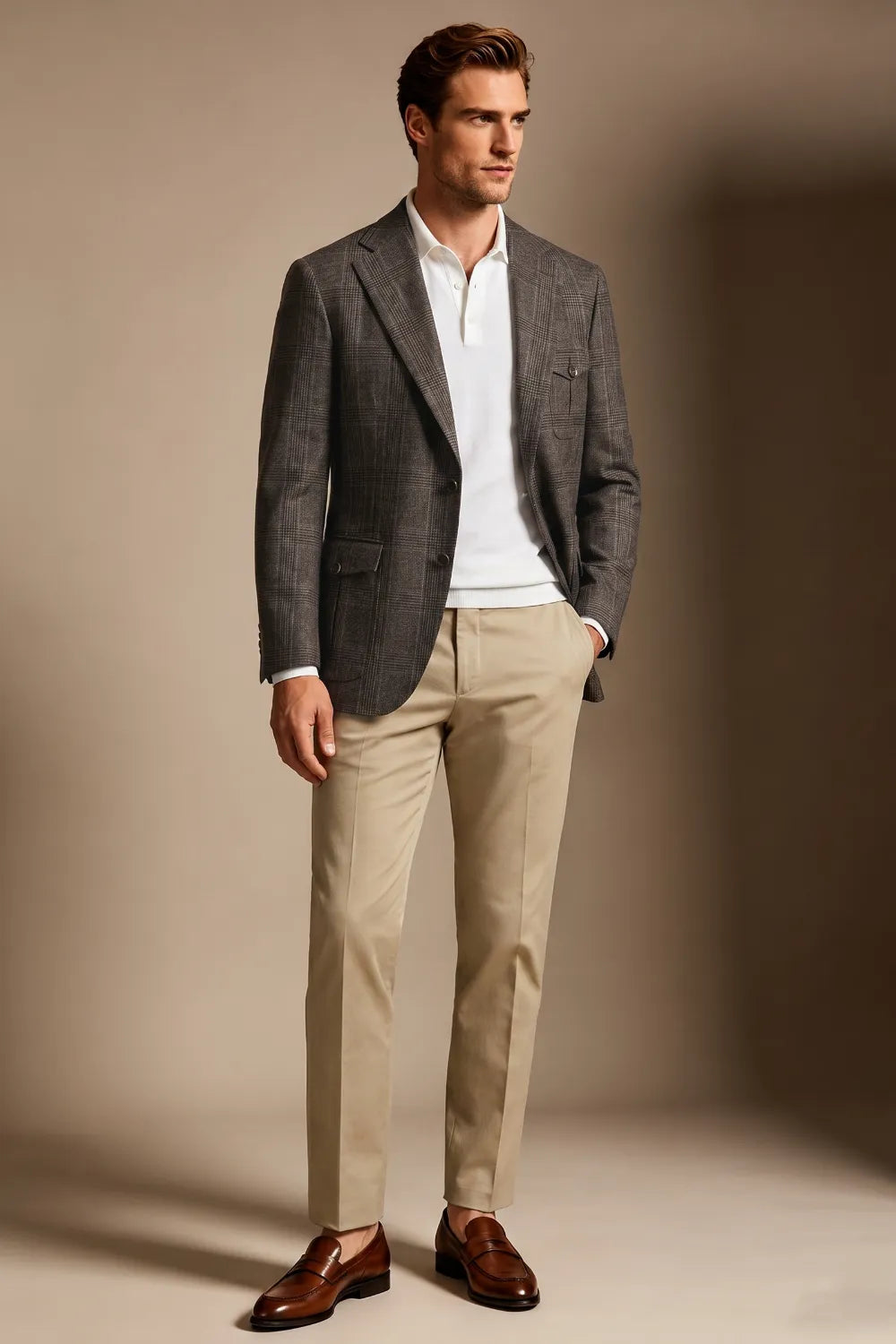 Men's Taupe Brown Glen Plaid Single Breasted 2 Piece Suit