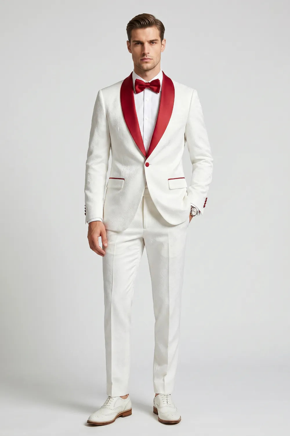 Men's White And Red Shawl Lapel Jacquard 2-Piece Tuxedo Suit