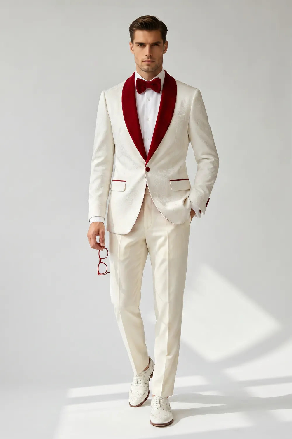 Men's White And Red Shawl Lapel Jacquard 2-Piece Tuxedo Suit