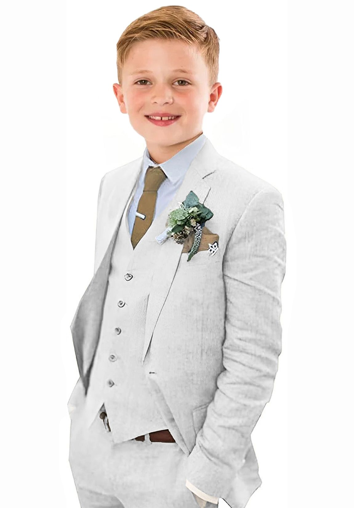 White 3 piece boys linen suit with vest and jacket – breathable summer wedding outfit