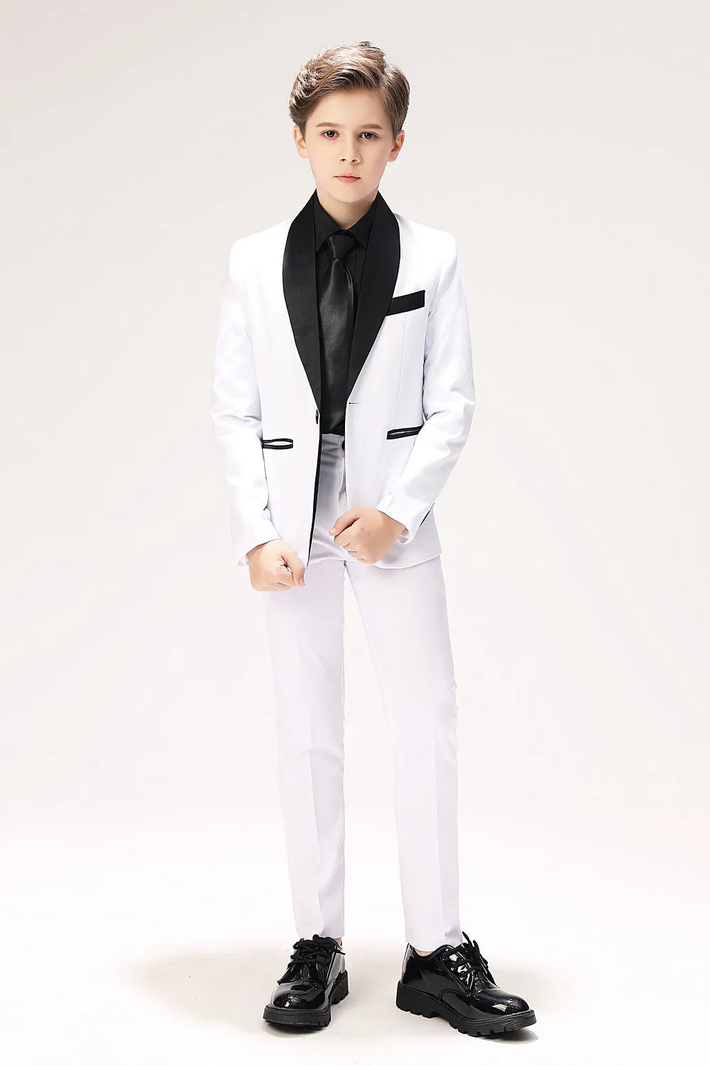 White boys' prom suit with black lapel and matching pants
