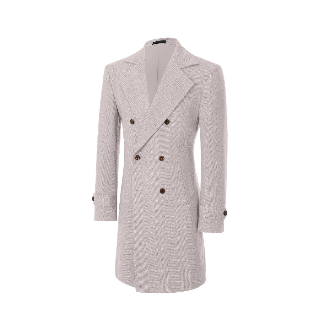 White double-breasted outdoor coat for men – angled side view