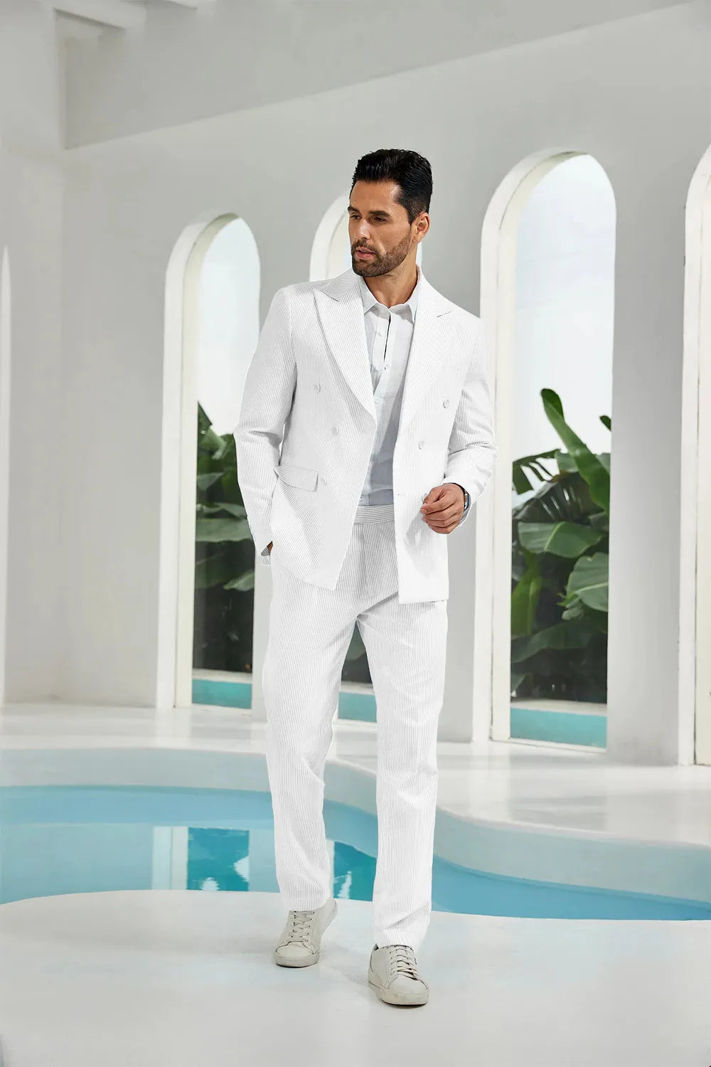 White seersucker double breasted blazer pants 2 piece men's summer suit upgrade version on model