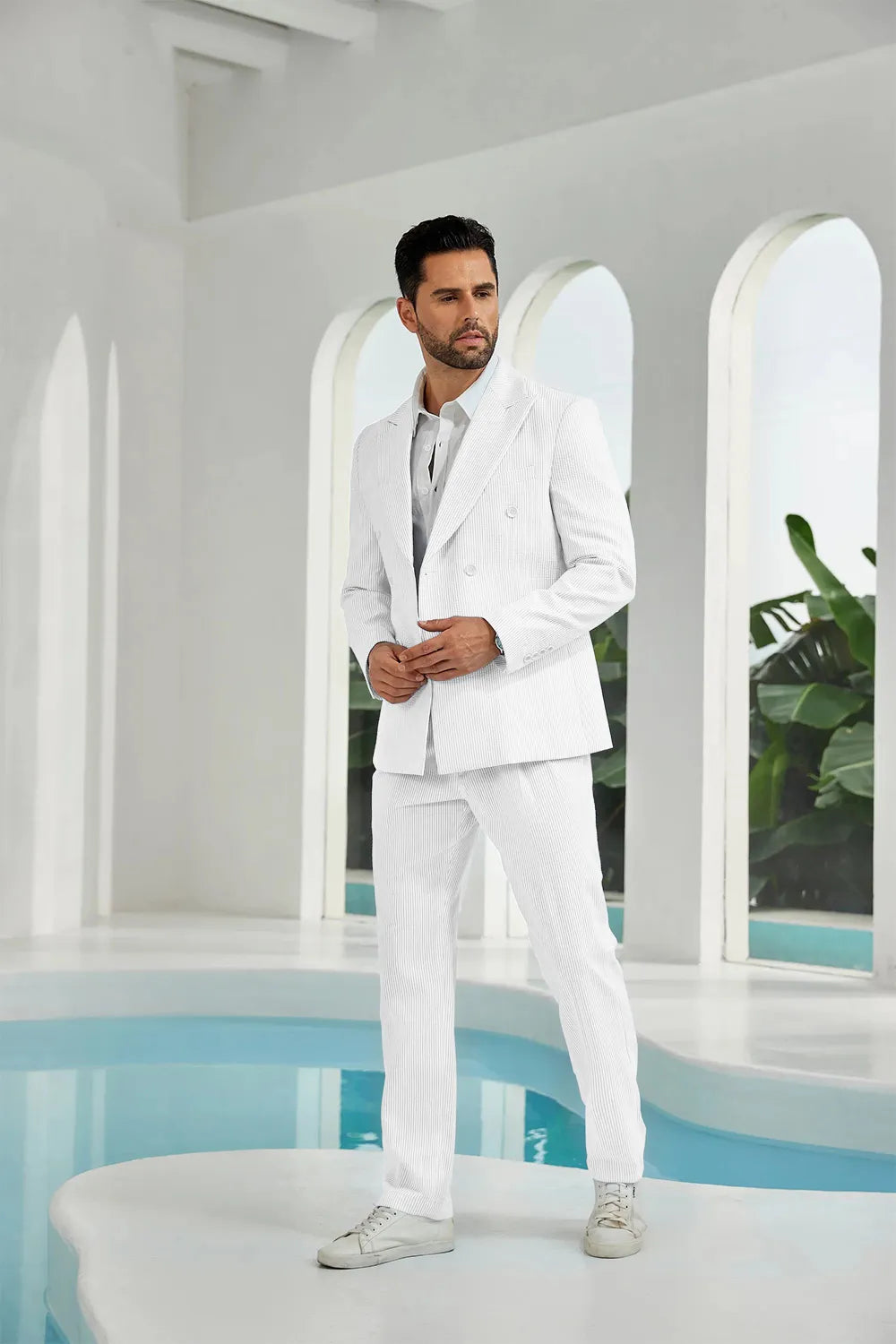 White seersucker double breasted blazer pants 2 piece men's summer suit upgrade version side display