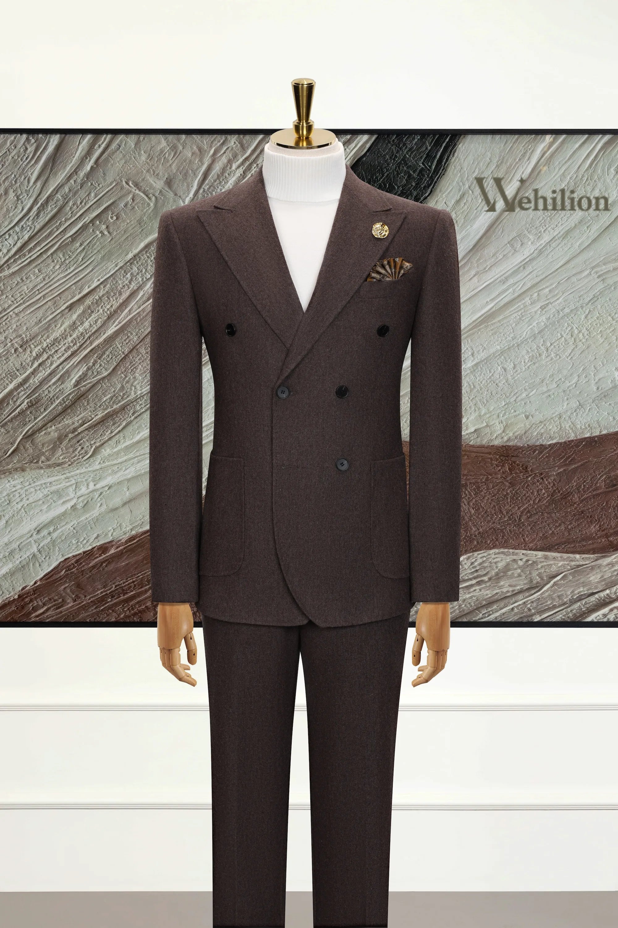 Men's Brown Double-breasted Woolen 2 Piece Suits