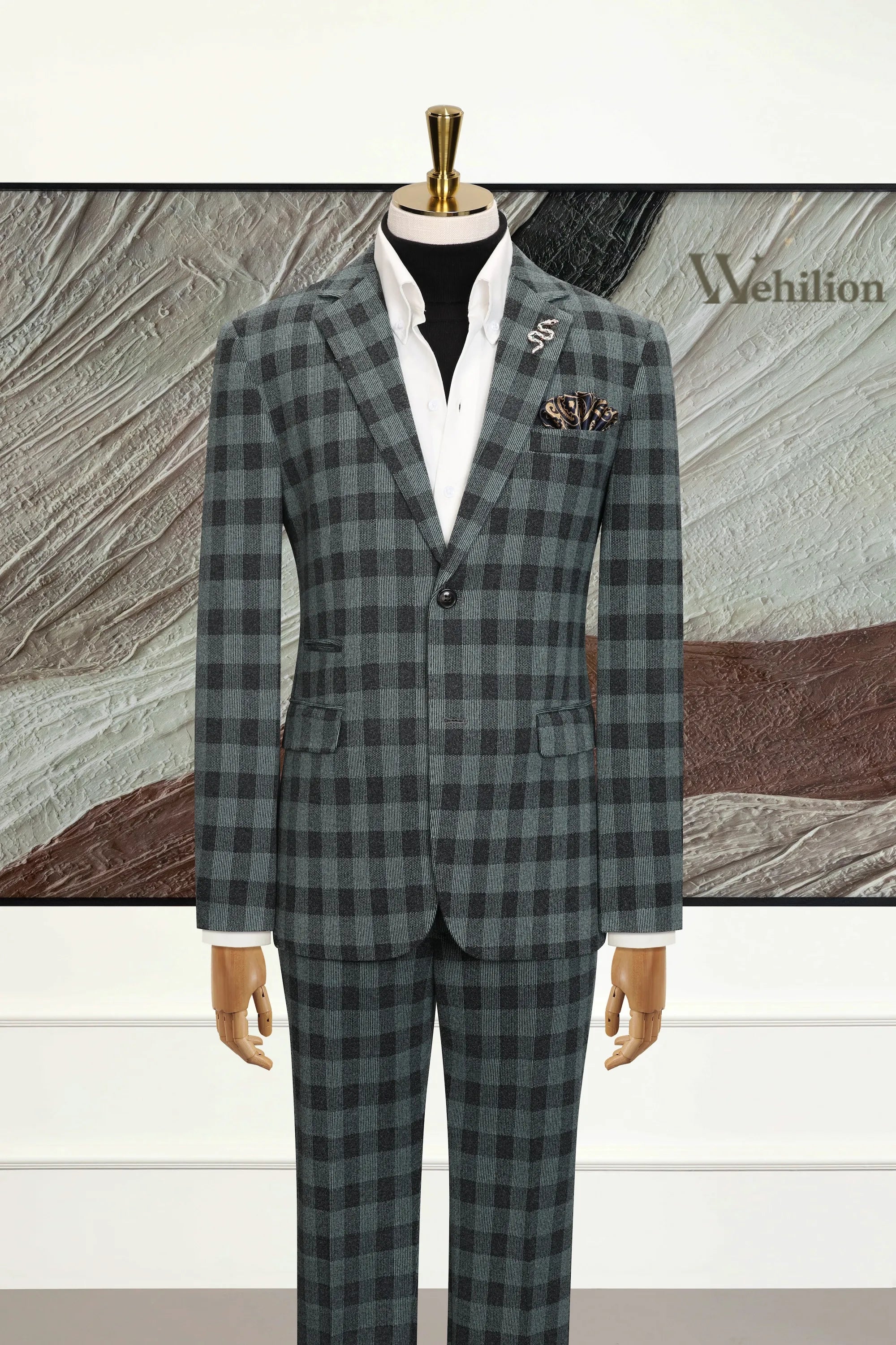 Men's Green Plaid Wool Blend 2 Piece Suits