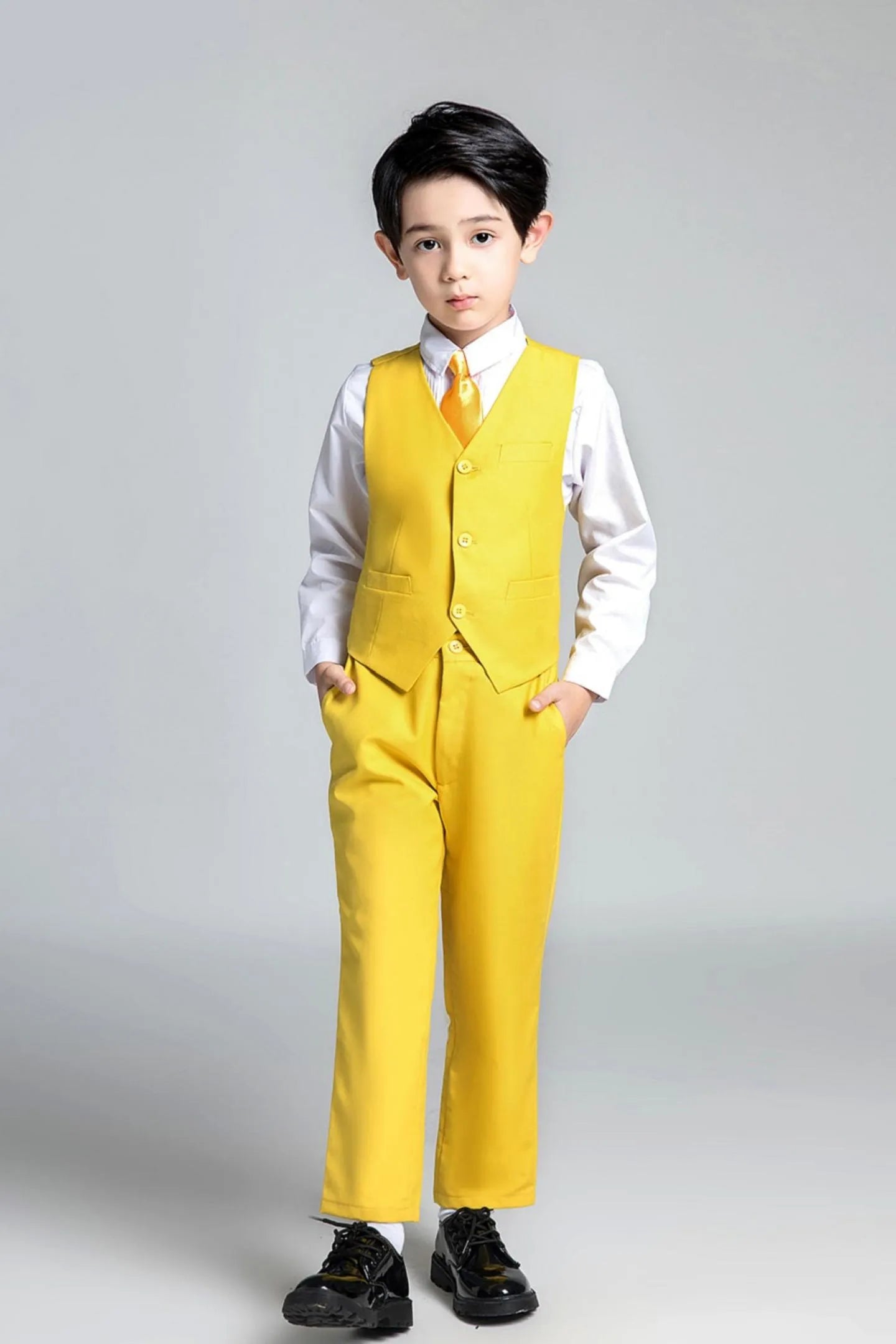 Kids yellow suit set with vest and tie, formal wear for boys prom, ring bearer, or birthday events