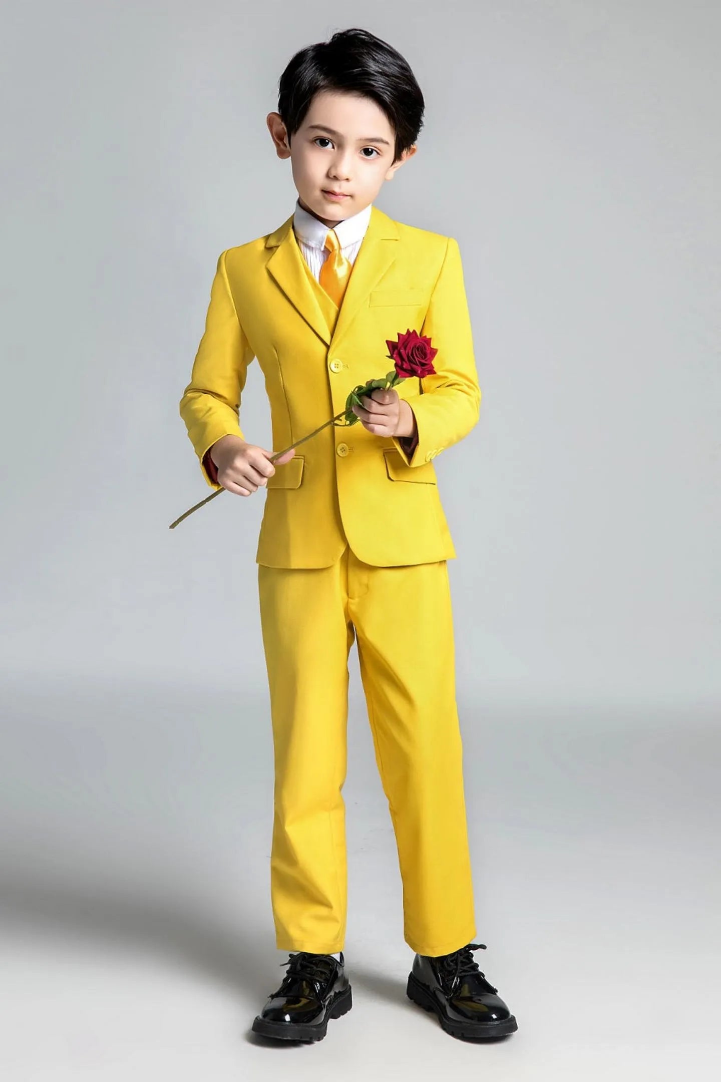 Yellow 5-piece boys formal suit with red rose and satin tie, page boy outfit for weddings and special occasions