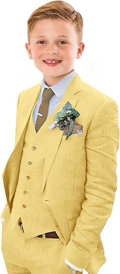 Yellow 3 piece boys linen suit with vest and jacket – breathable summer wedding outfit