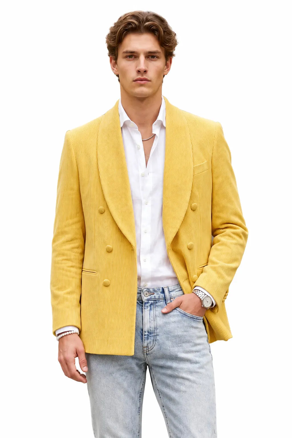 Men's Yellow Shawl Lapel Double Breasted Blazer