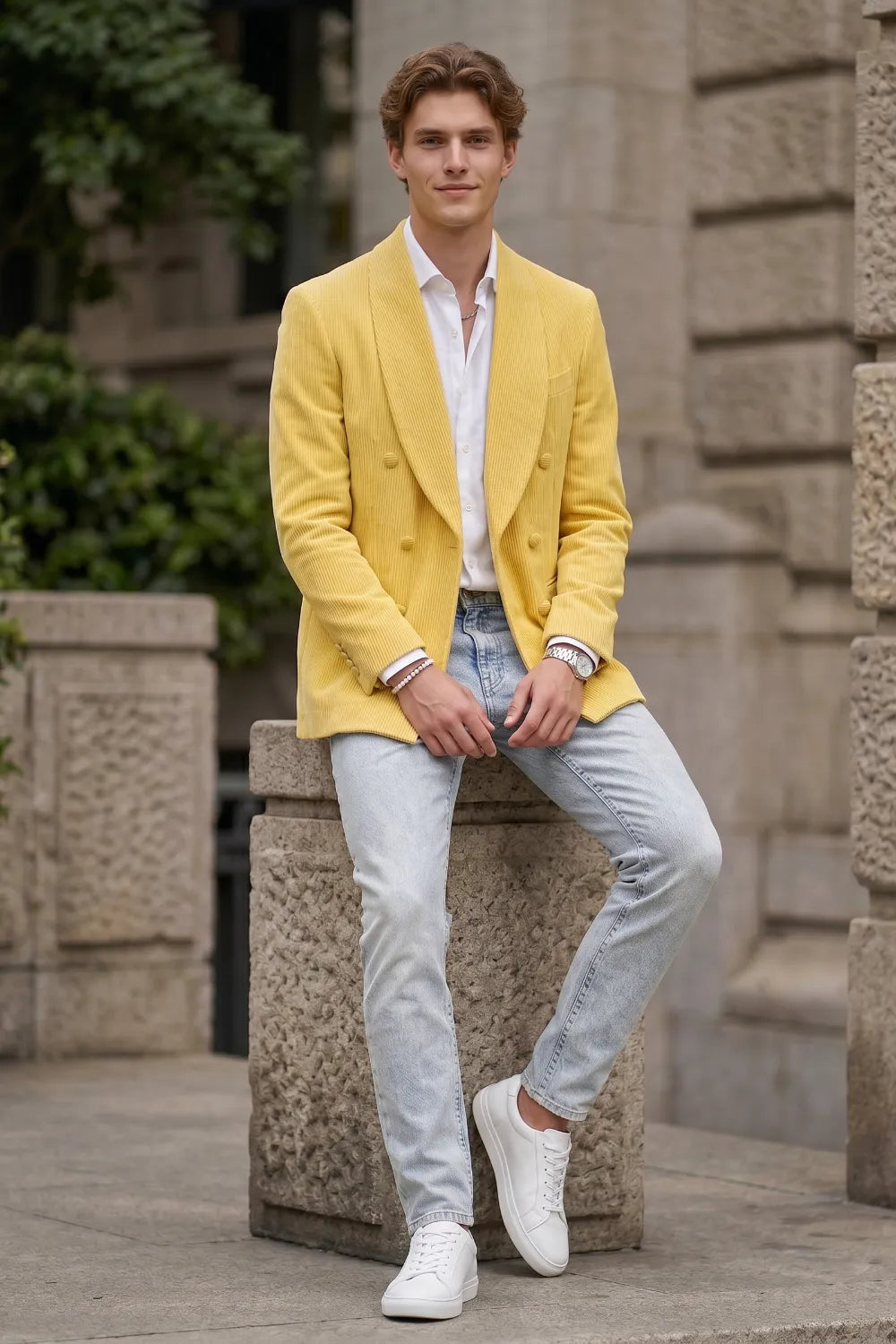 Men's Yellow Shawl Lapel Double Breasted Blazer