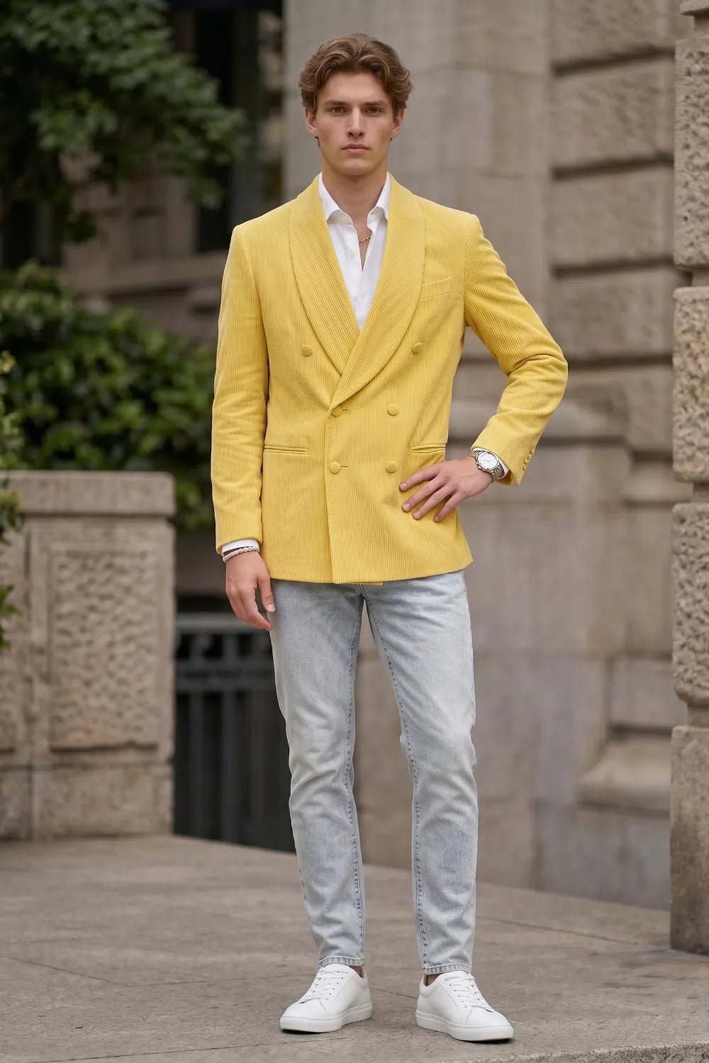 Men's Yellow Shawl Lapel Double Breasted Blazer