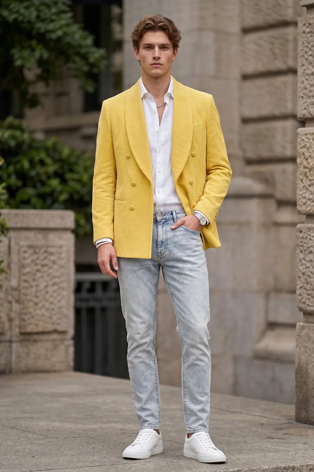 Men's Yellow Shawl Lapel Double Breasted Blazer