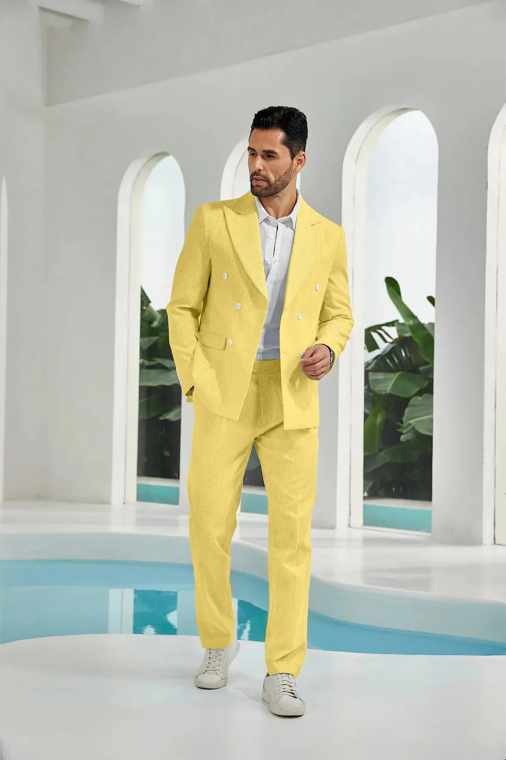 Yellow seersucker double breasted blazer pants 2 piece men's summer suit upgrade version on model