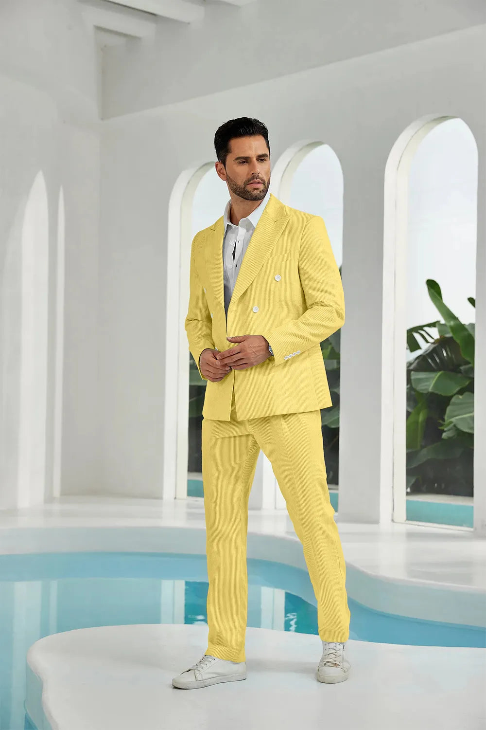 Yellow seersucker double breasted blazer pants 2 piece men's summer suit upgrade version side display