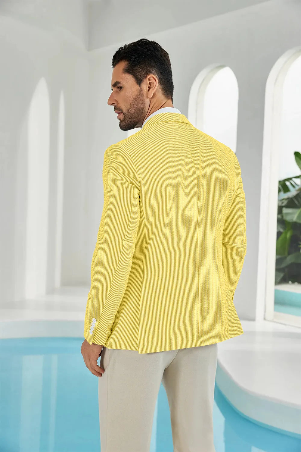 Yellow-white seersucker striped men's summer blazer back display