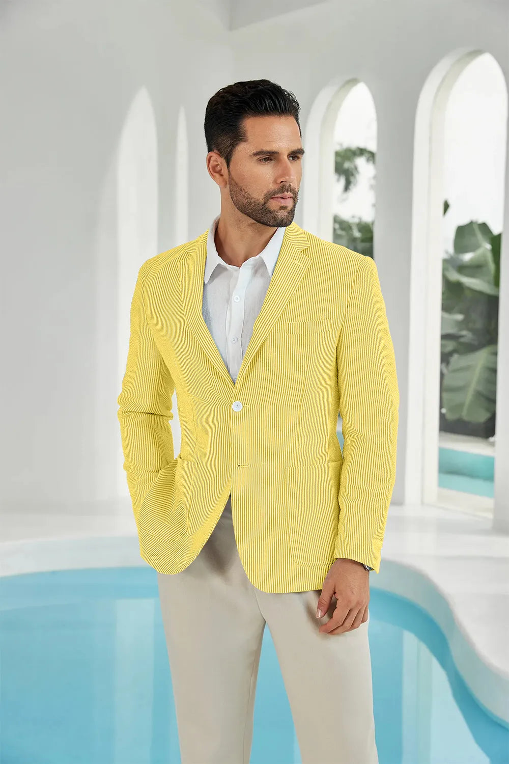 Yellow-white seersucker striped men's summer blazer close up