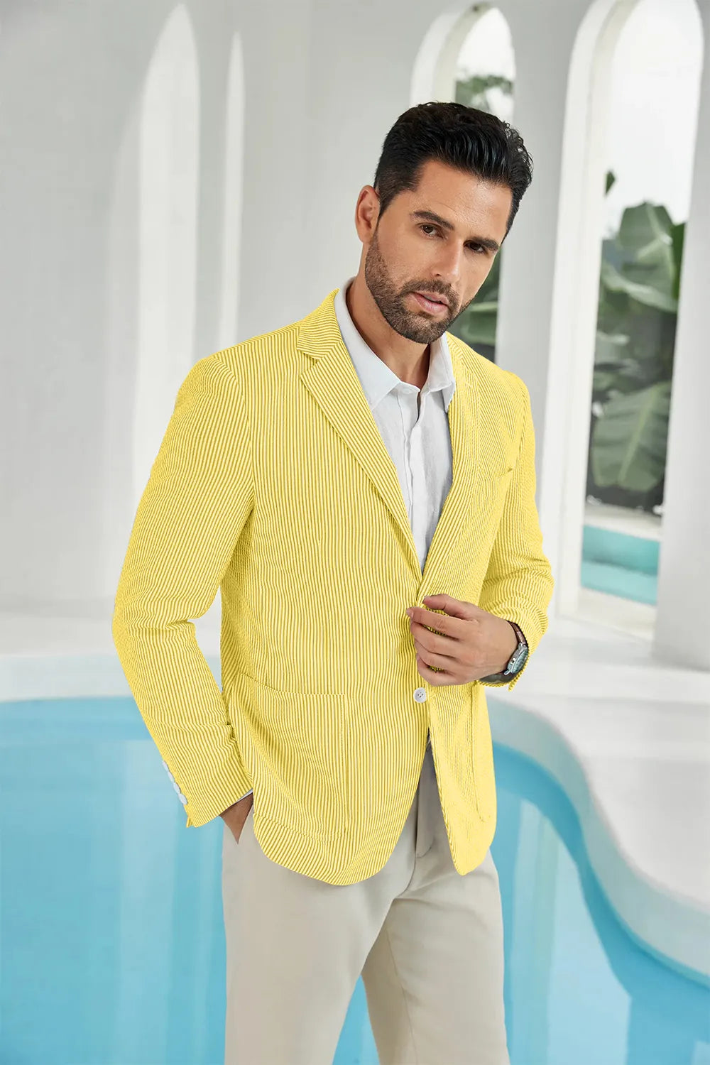 Yellow-white seersucker striped men's summer blazer