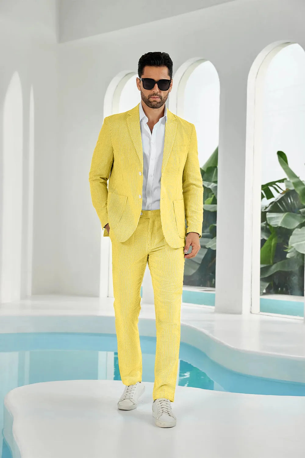 Yellow-white seersucker striped blazer pants 2 piece men's summer suit upgrade version front display