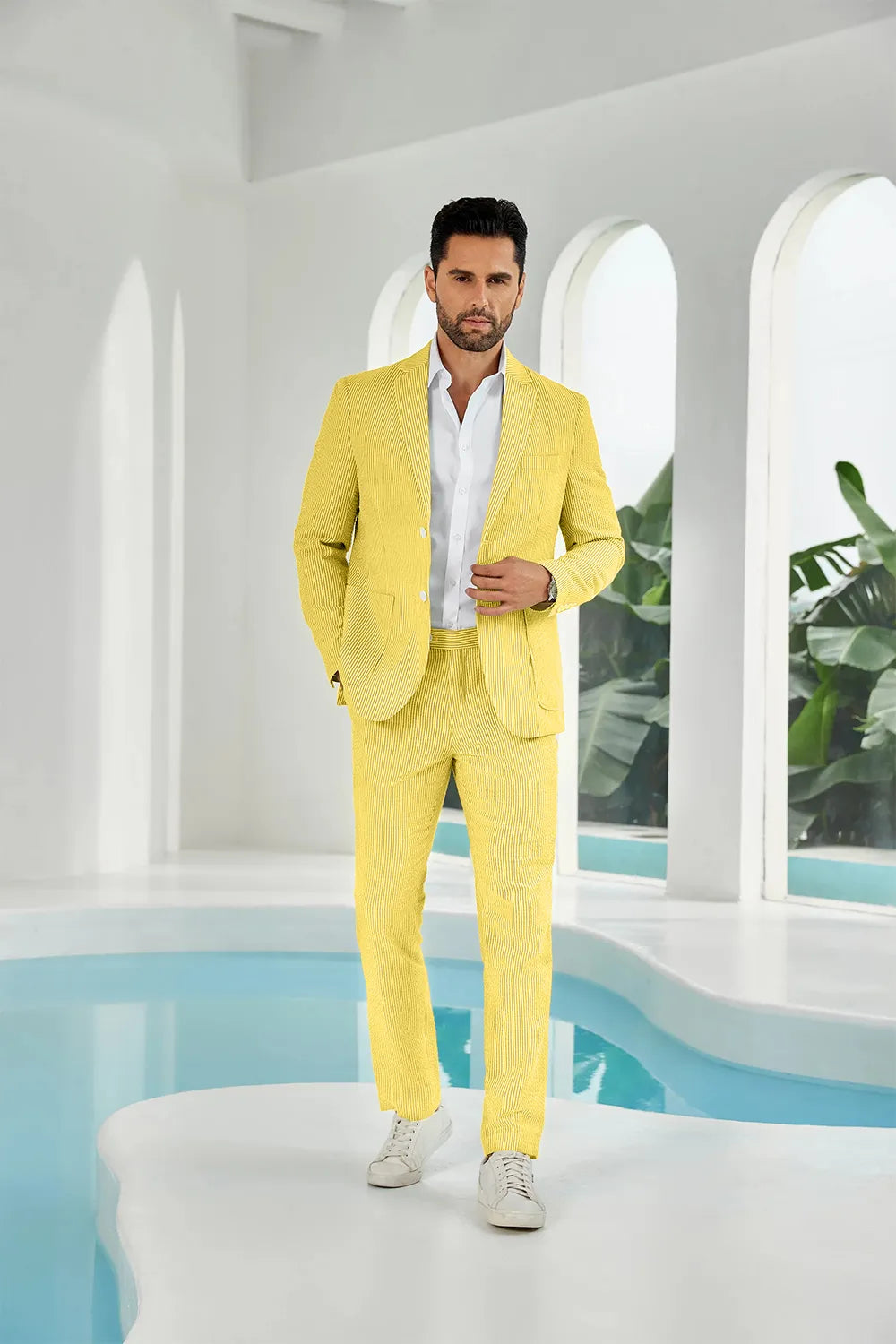Yellow-white seersucker striped blazer pants 2 piece men's summer suit upgrade version