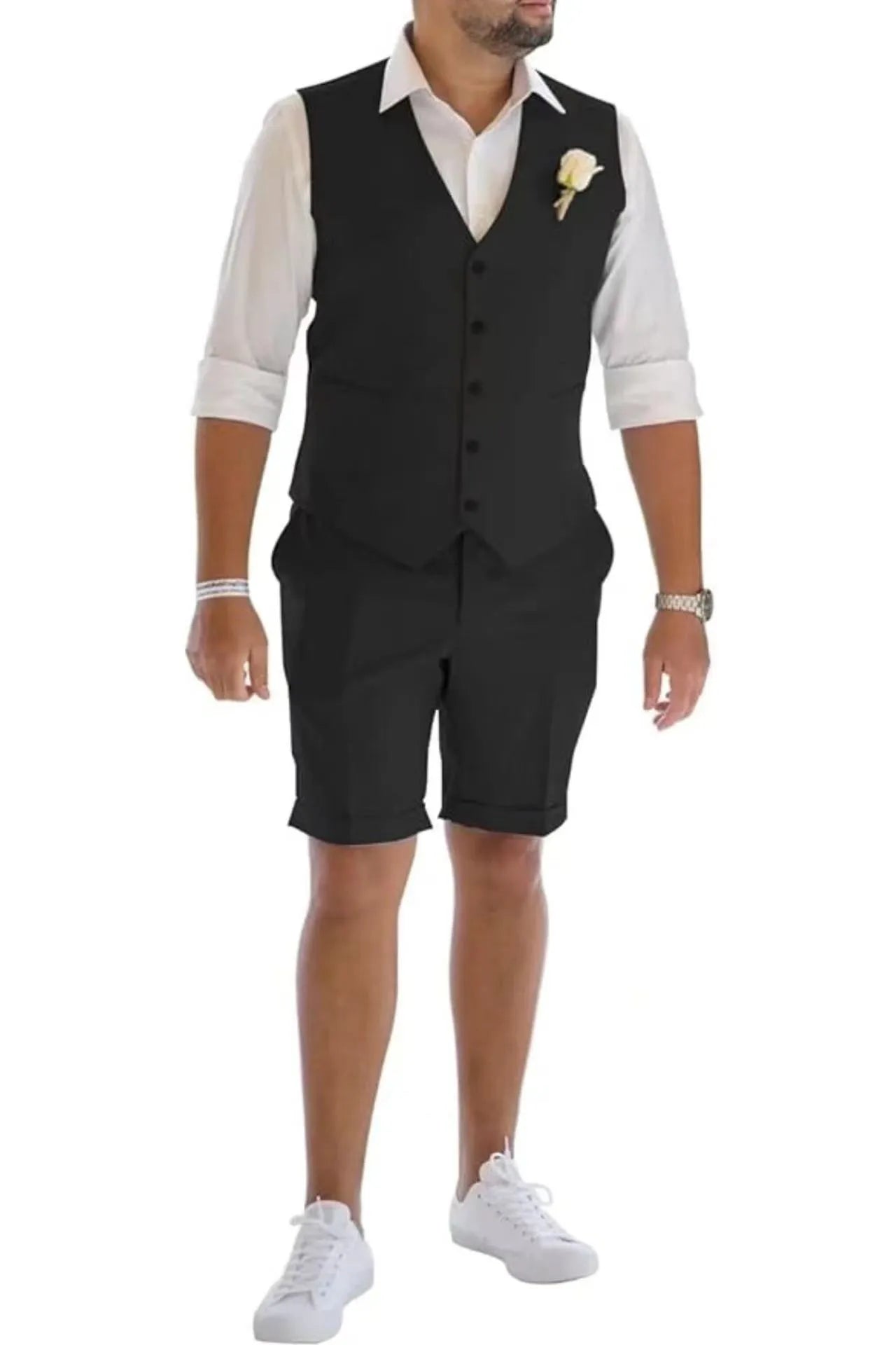 Black men's linen vest & shorts suit – tailored summer formal outfit