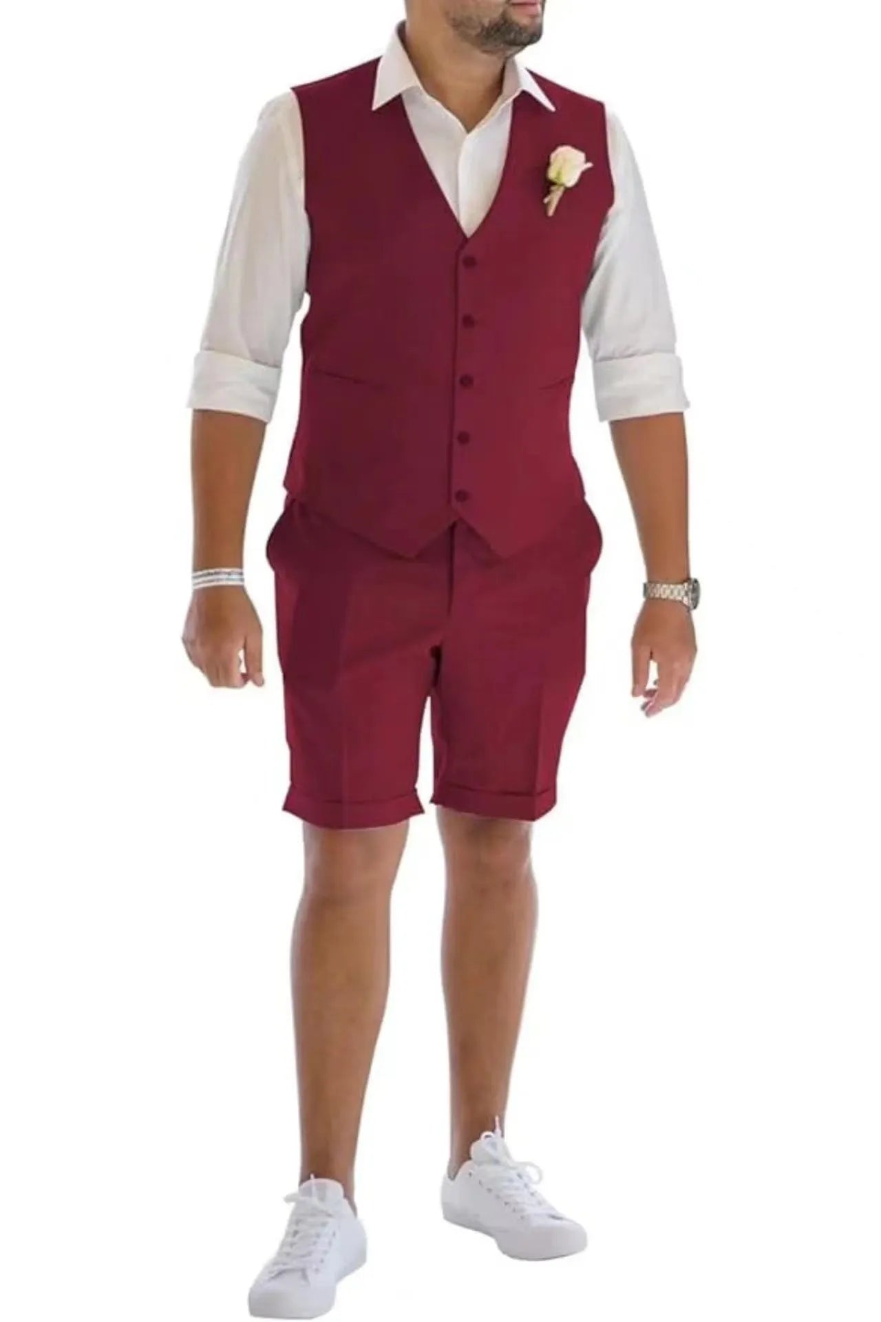 Burgundy men's linen vest & shorts suit – tailored summer party outfit