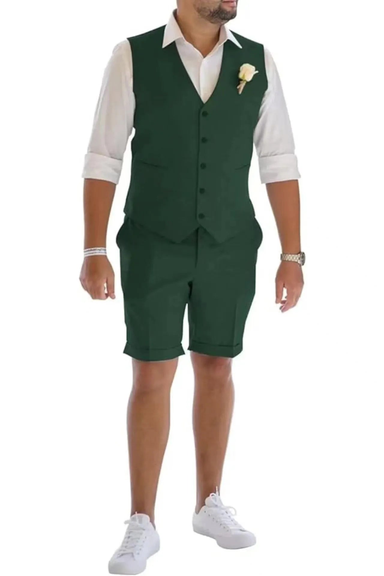 Dark green men's linen vest & shorts suit – tailored summer casual wear