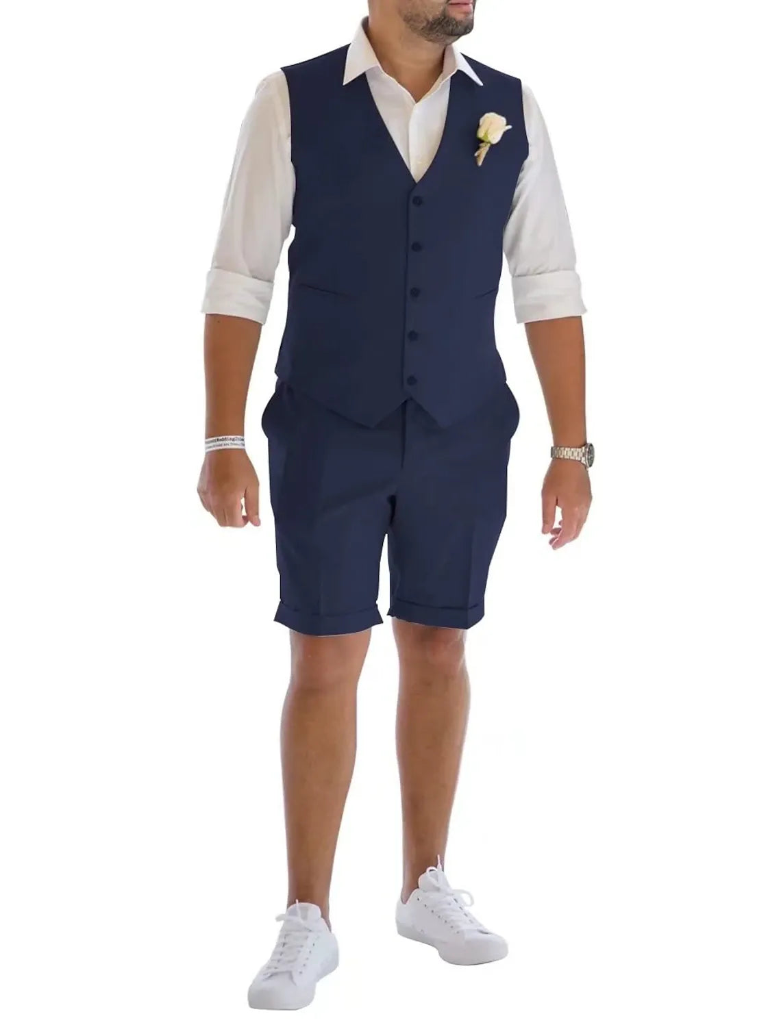 Navy men's linen vest & shorts suit – breathable wedding and party summer wear