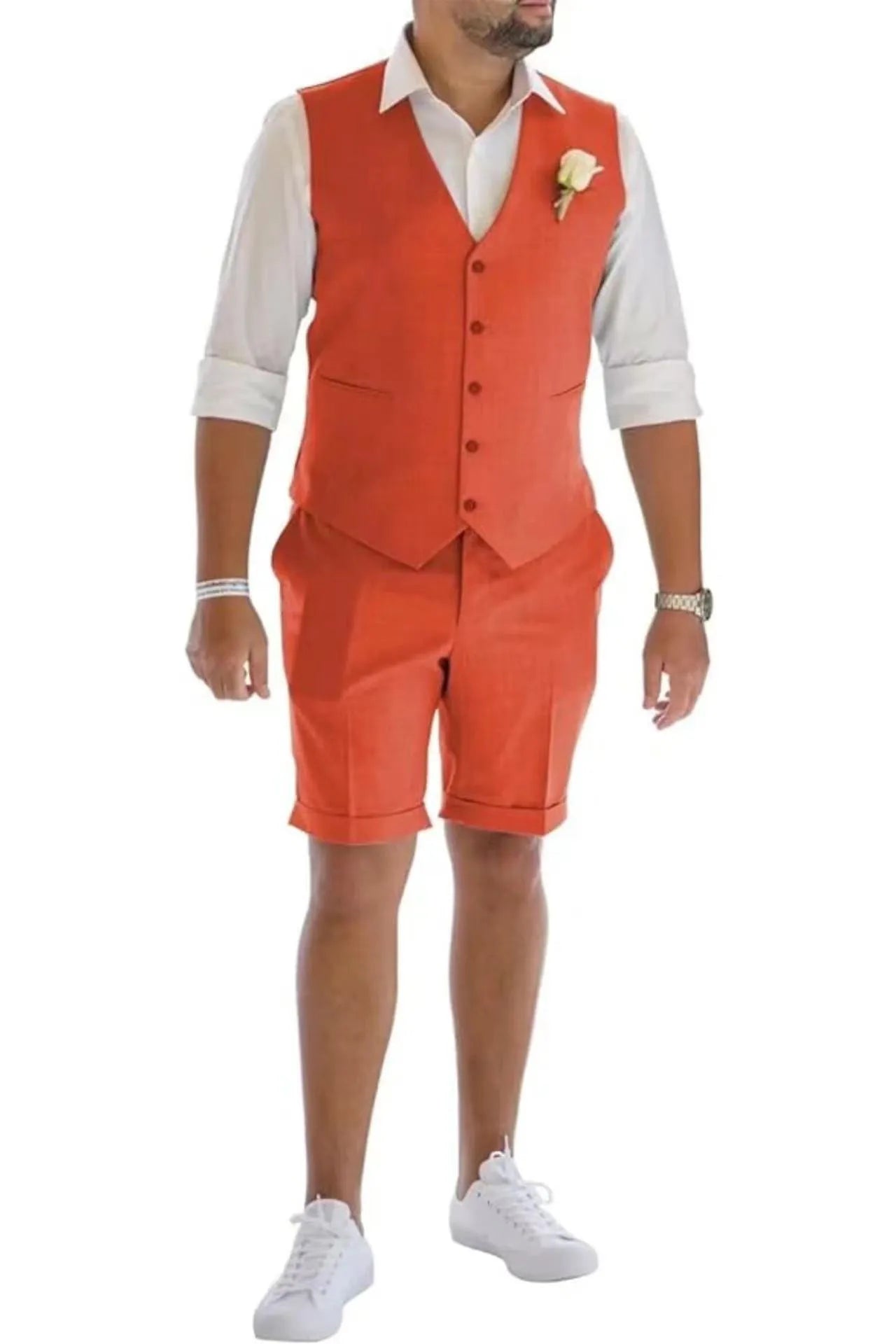 Orange red men's linen vest & shorts suit – tailored summer casual outfit